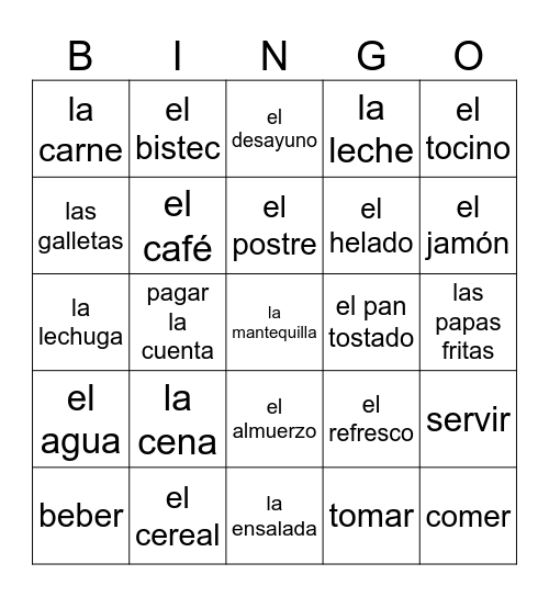La comida Bingo Card