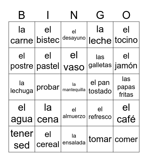 La comida Bingo Card
