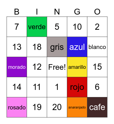 Colores y Numeros Bingo Card