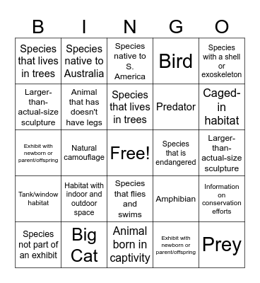 Bronx Zoo Field Trip Bingo Card