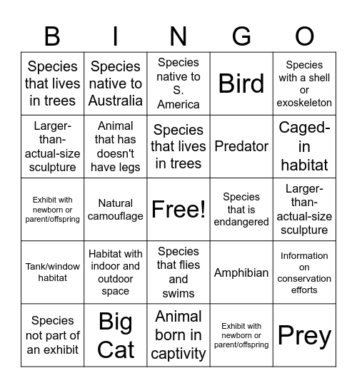 Bronx Zoo Field Trip Bingo Card