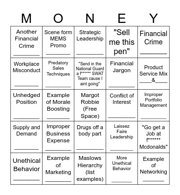 Wolf Of Wallstreet BINGO Card