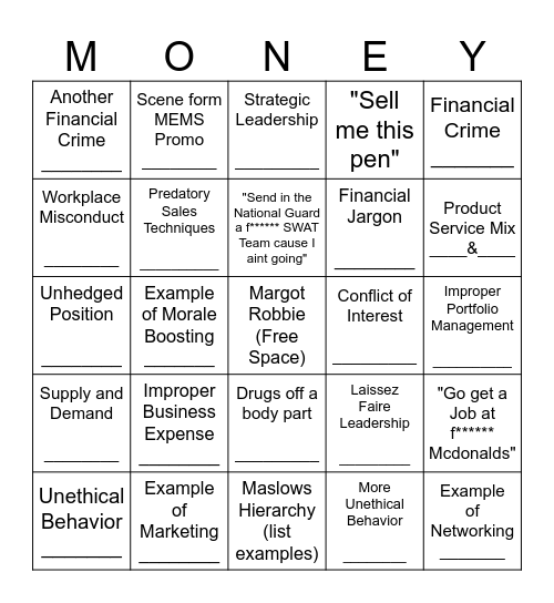 Wolf Of Wallstreet BINGO Card