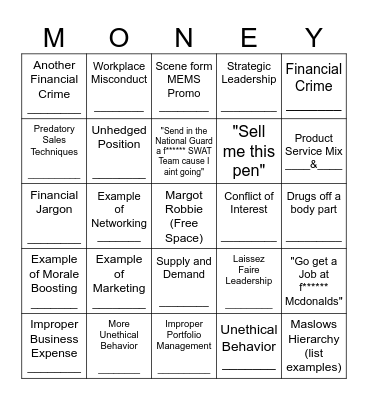 Wolf Of Wallstreet BINGO Card