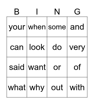 Sight Words Bingo Card