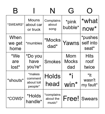 Car Ride Bingo Card