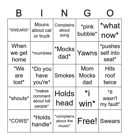 Car Ride Bingo Card