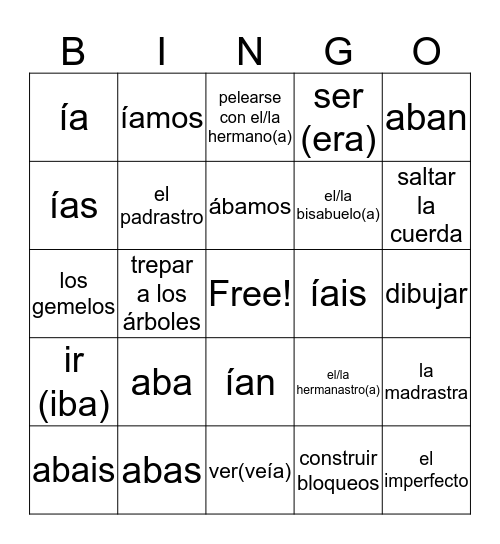Extended Family Terms Bingo Card