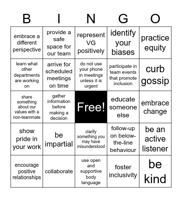 VG VALUES BINGO Card