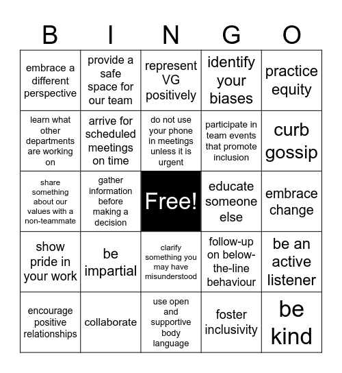 VG VALUES BINGO Card