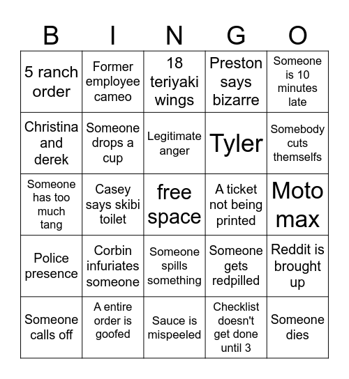 Thursday bingo Card