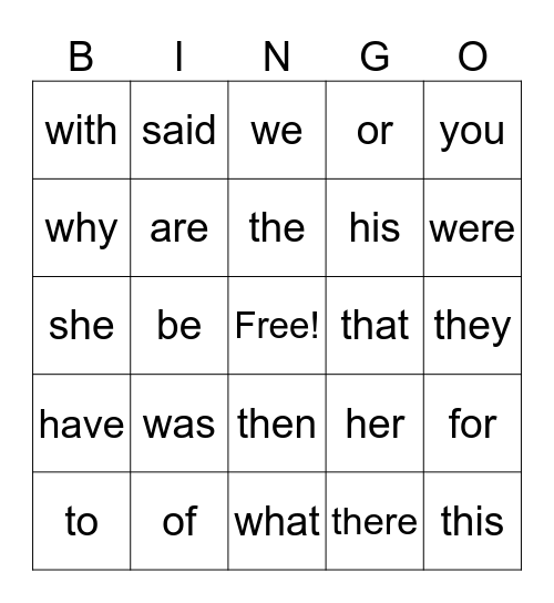 Irregular word Bingo Card