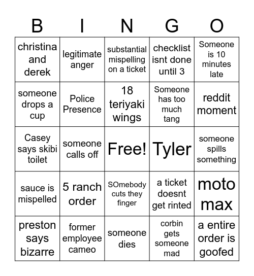 THURSDAY BONGUS Bingo Card