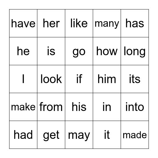Sight Word Bingo Card