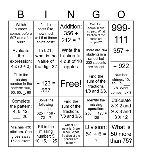 Math Bingo Card