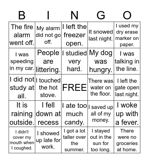 Cause and Effect BINGO Card