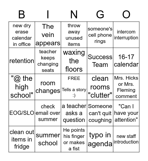 Beasley Bingo--Cross out a box every time Mr. Beasley says the word or phrase. Bingo Card