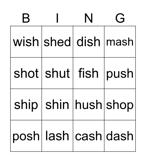 sh words Bingo Card