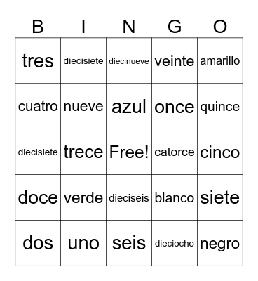 Numeros 1-20/colores Bingo Card