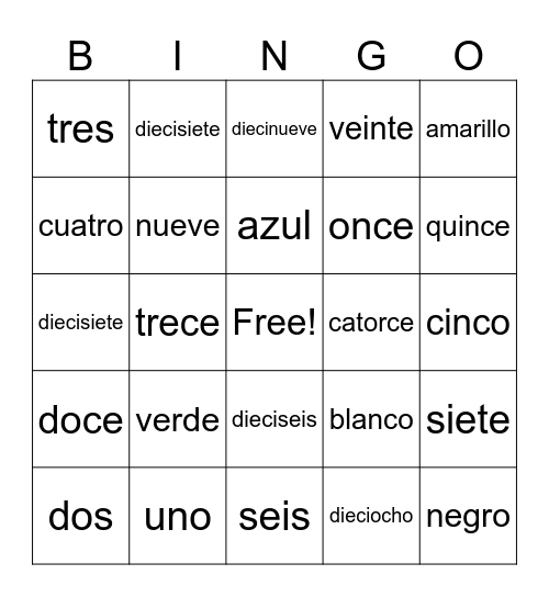 Numeros 1-20/colores Bingo Card