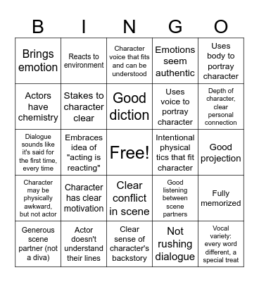 Good Acting Bingo Card