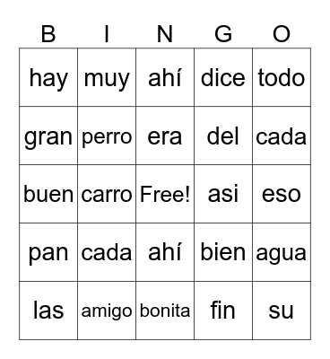 Spanish Sight Words Bingo Card