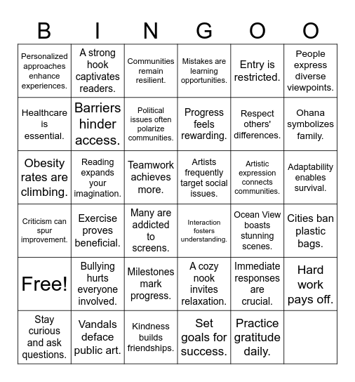 Vocabulary BINGO Card