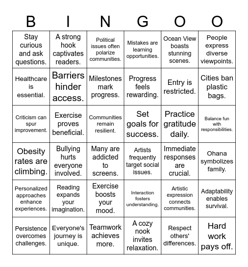 Vocabulary BINGO Card