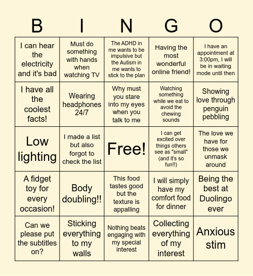 Neurodivergent Bingo! Bingo Card