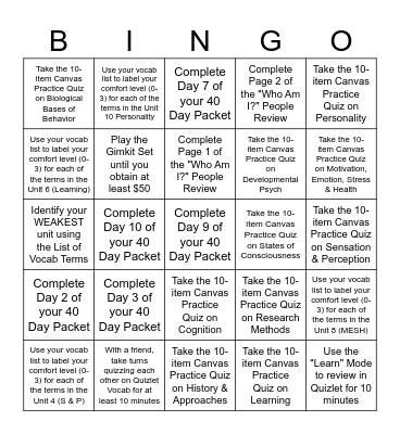 AP Psych Mid-Term #2 Review BINGO Card