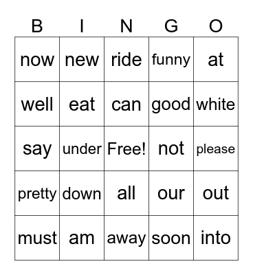 High Frequency Words Bingo Card