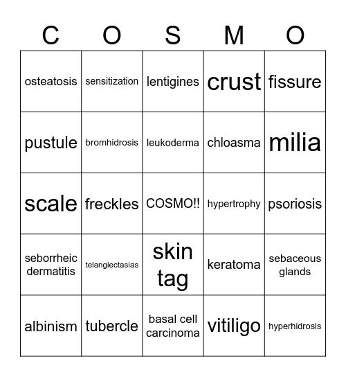 Skin Disorders and Disease Bingo Card