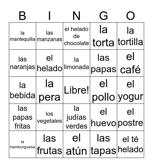 La comida 1 Bingo Card