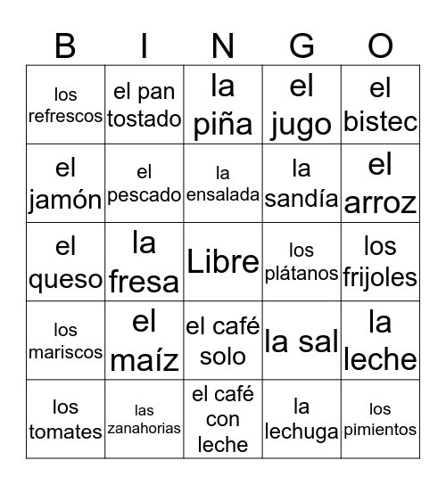 La comida 2 Bingo Card