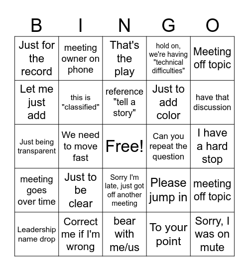 Meeting Notes Bingo Card