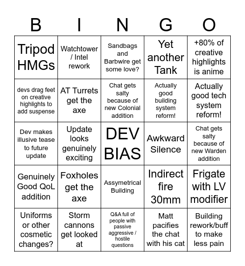 Foxhole Devstream Bingo! Bingo Card