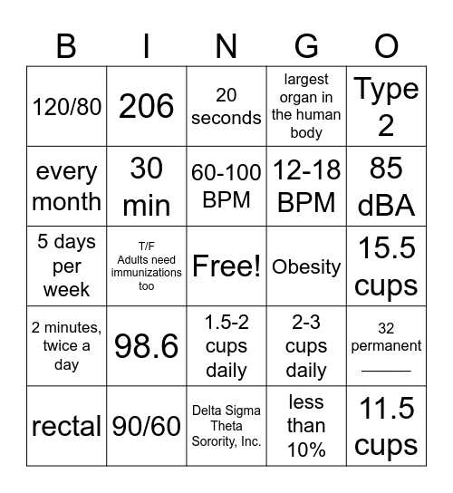 Healthy Bingo Card
