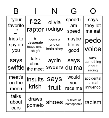 aydin's fun bingo Card