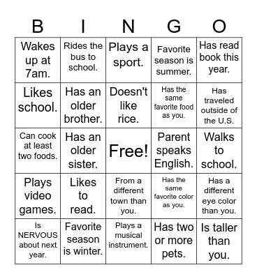 Get To Know You Bingo Card