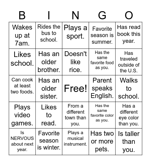 Get To Know You Bingo Card