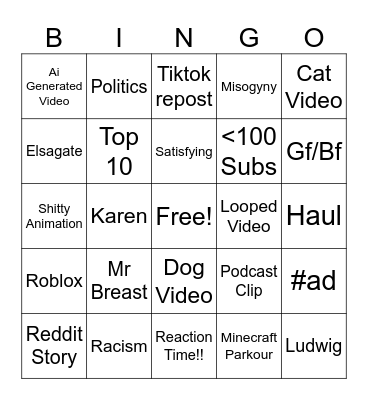 Youtube Shorts Bingo Card