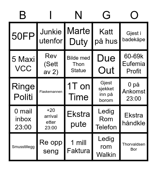 Vekterns' Bingo Uke 4 Bingo Card