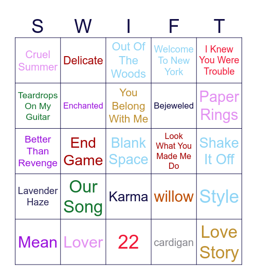 Bingo Taylor's Version Bingo Card