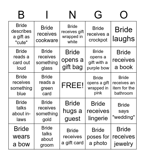 Bridal Shower Bingo Card