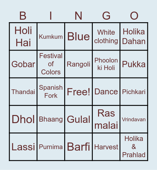 EAST Holi Celebration Bingo Card
