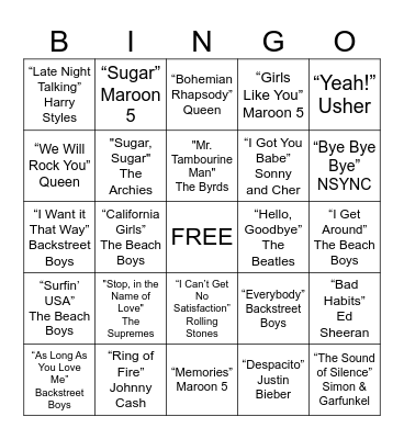 Musical Bingo Card
