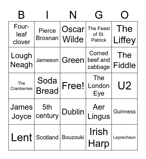 Saint Patrick's Day Bingo Card