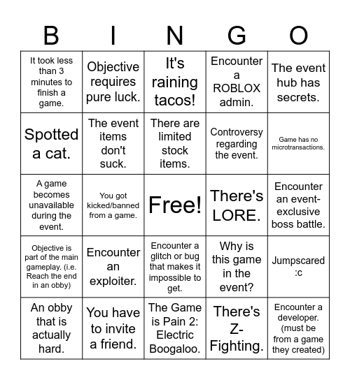 ROBLOX: The Hunt Bingo Card
