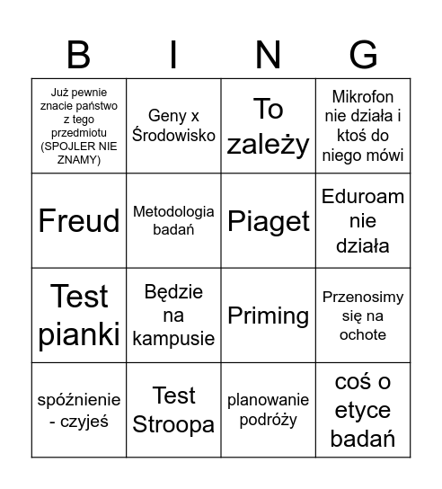 Psychologia Bingo Card