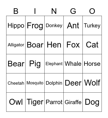 Animals Bingo Card